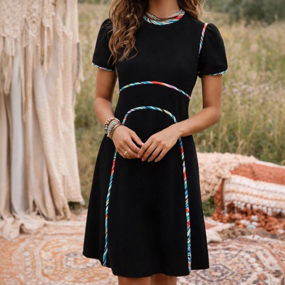 Mary Katrantzou Black Multicolor Contrast Piping Short Sleeve Dress Size 2